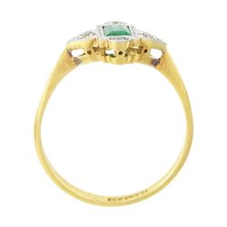 Edwardian gold and platinum emerald and diamond ring, single milgrain set rectangular cut emerald, surrounded by four single cut diamonds, stamped 18ct & PT