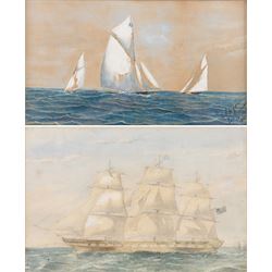 American School (19th century): Racing Yachts, watercolour and gouache indistinctly signed and dated San Francisco 18th August 1896, 22cm x 38cm
English School (19th century): 'Mr Green's Ship 'Agamemnon' with Troops for India 1857, watercolour unsigned 16cm x 24cm (2)