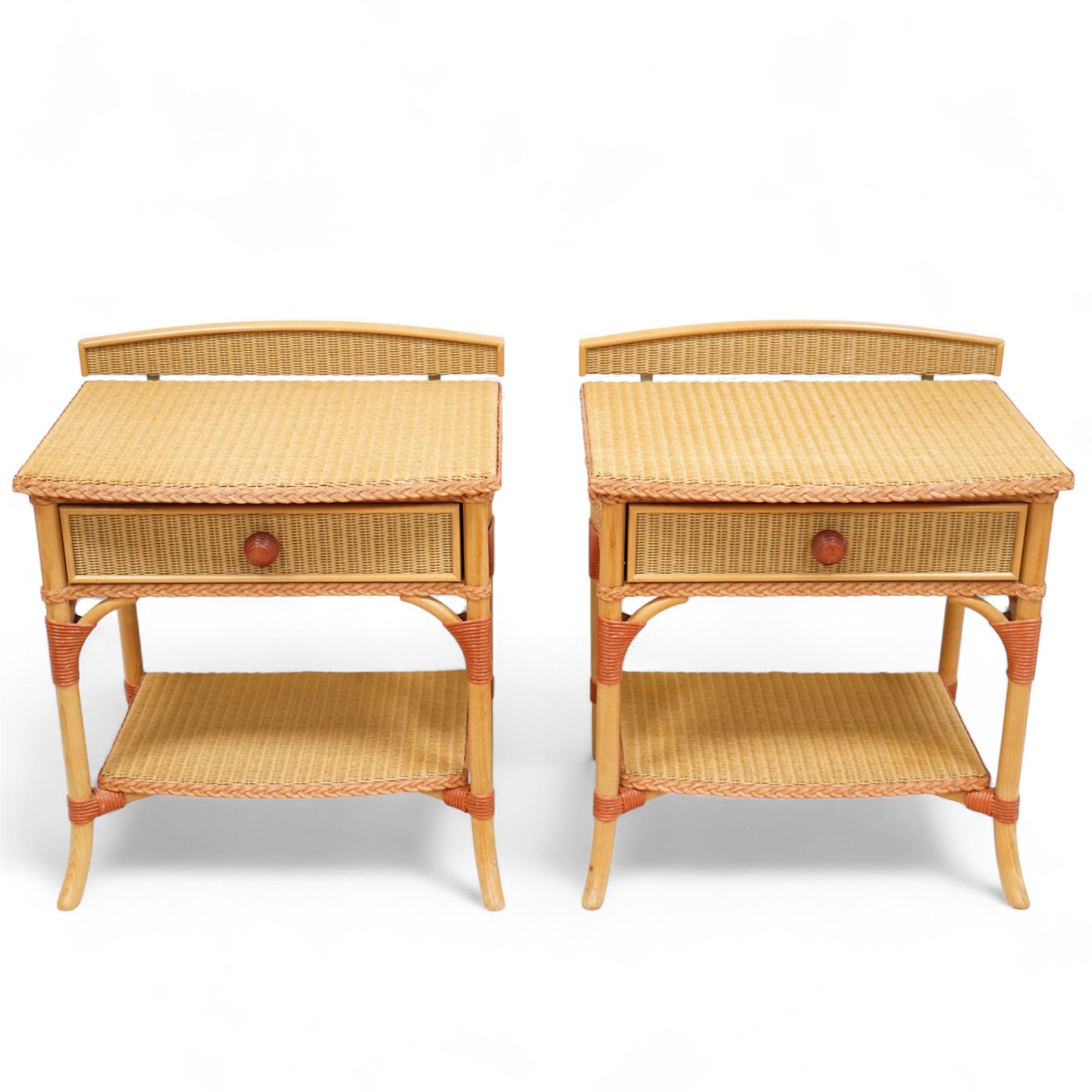 Lloyd Loom of Spalding - pair of mid 20th century bedside cabinets, each with raised gallery back, single drawer and undertier, woven paper weave construction on tubular supports