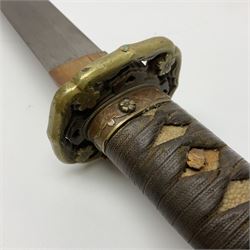 WW2 Japanese Army officer's shin gunto/katana sword with 68.5cm steel single edged blade, foliate cast brass tsuba, bound fish-skin grip with brass mounts, inscribed marks to both sides of tang; in lacquered wooden scabbard with brass mounts and locking button L97cm overall