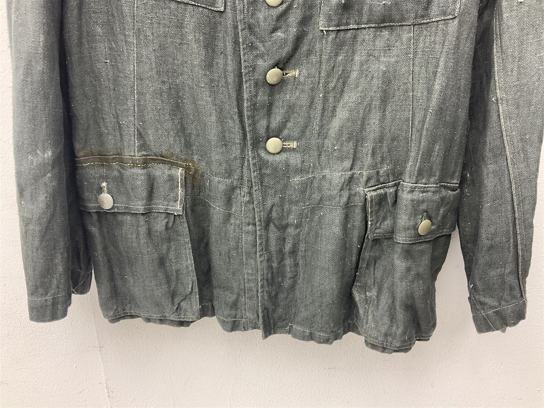 WW2 German Army grey/green herringbone twill four pocket tunic with shoulder tabs for signals regiment, cloth eagle insignia and iron cross ribbon