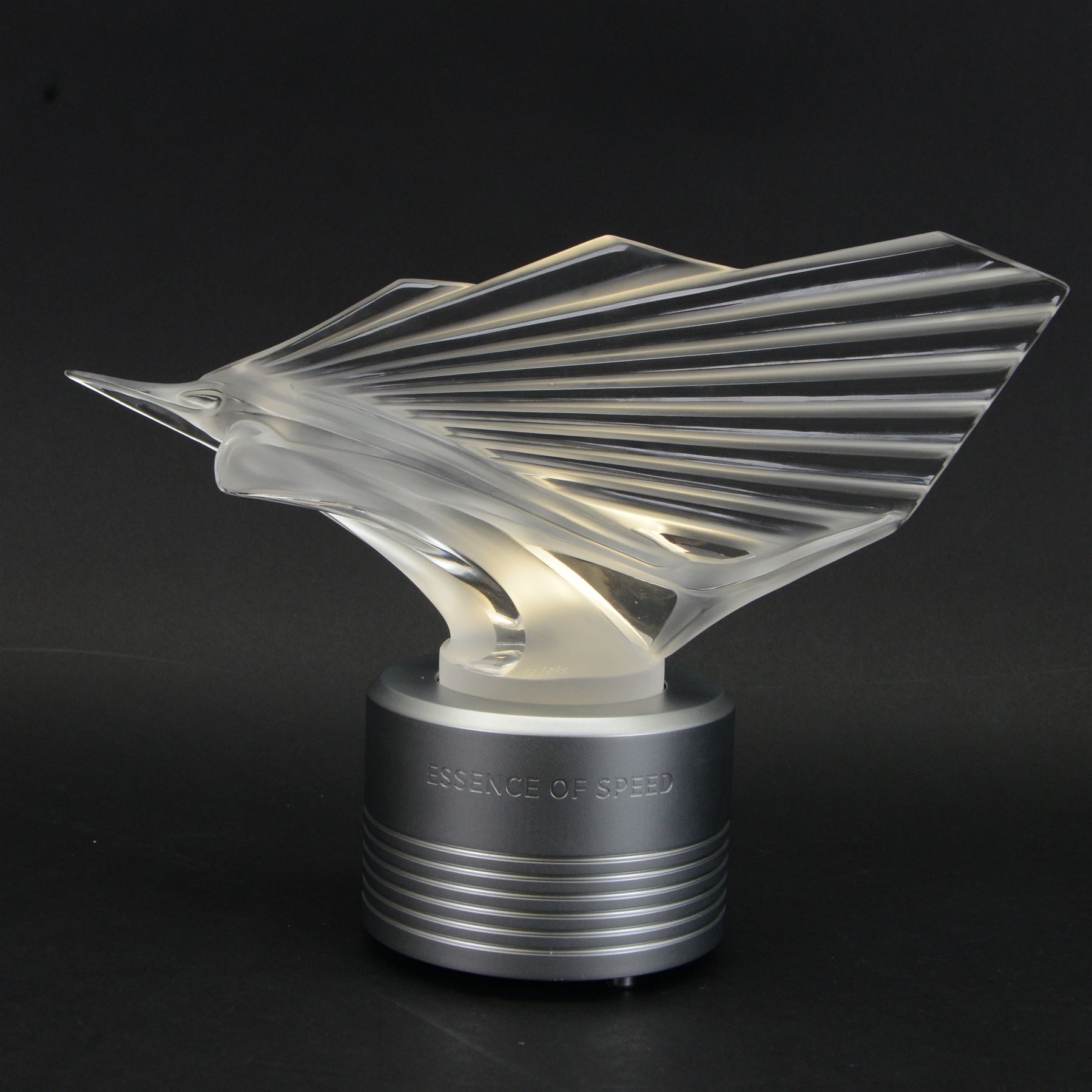 Lalique Sailfish mascot, from the  Essence of Speed collection in collaboration with McLaren in 2020, with a lightbox stand marked Lalique for McLaren, limited edition 73/375, with certificate and original box  