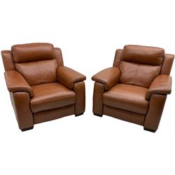 Two-seat electric reclining 'smart' sofa (W192cm, H99cm, D99cm);  two matching armchairs (W101cm); upholstered in stitched tan leather, each unit fitted with USB 