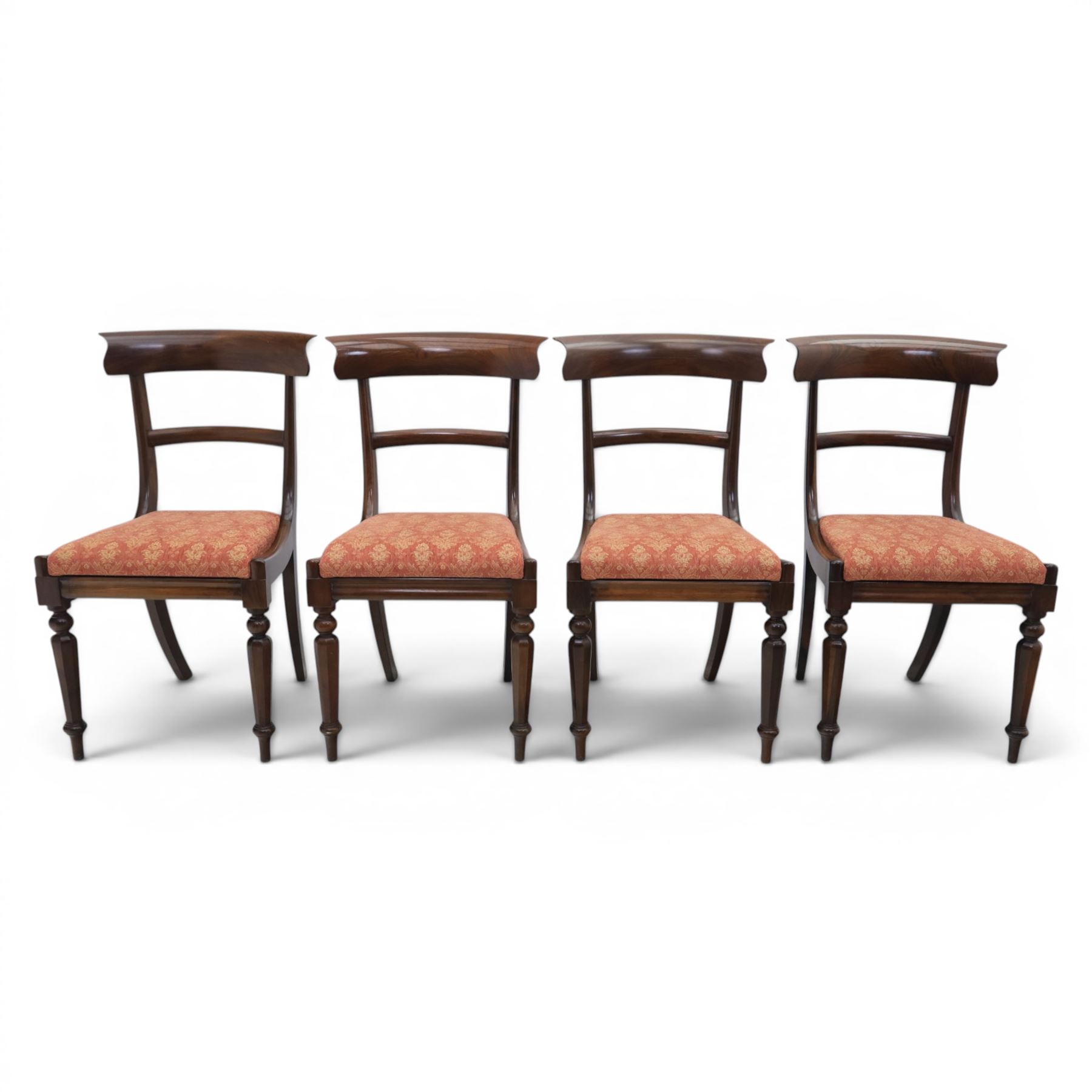 Set of eight 20th century solid rosewood dining chairs, upholstered drop in seats, on oak stretchers, made by Gott's of Pickering and T Feetam of Hull, stamped on all chairs, seat height 47cm