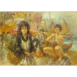  Nino Salvadori Esposito (Italian 1918-): Young Fisher Folk by the Harbourside, oil on canvas signed 48cm x 68cm  DDS - Artist's resale rights may apply to this lot    
