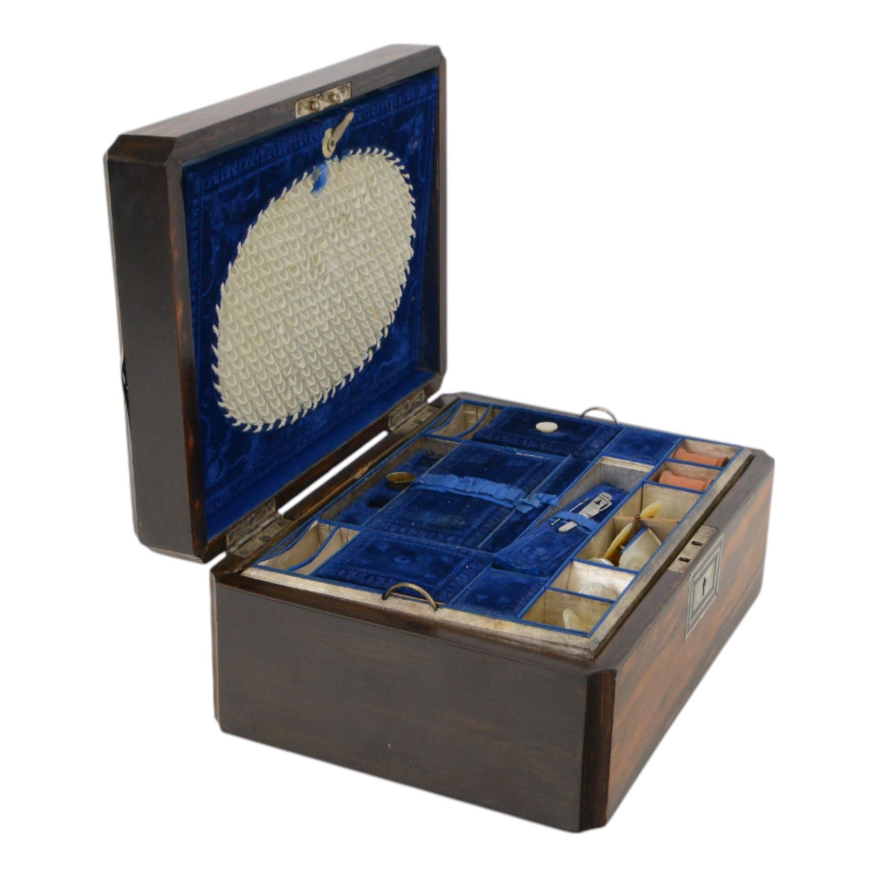 Victorian coromandel sewing box, with mother of pearl escutcheon and cartouche engraved 'Annie', with fitted blue velvet interior, H14cm