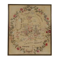 Victorian sampler, 1884, of the British Isles within a floral garland, by A Dickinson, H52cm, W45cm