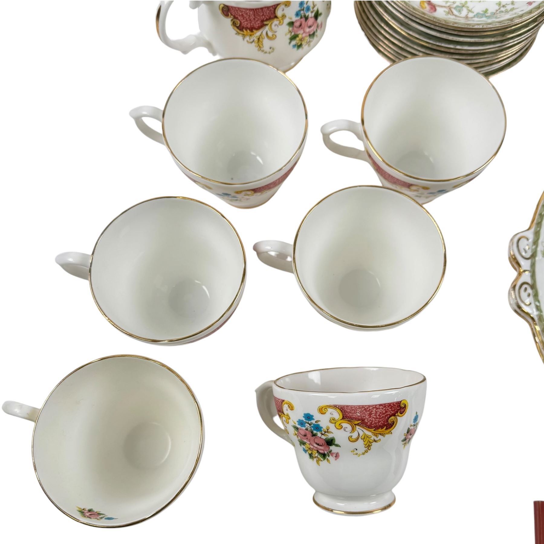 Collection of tea service ceramics, to include Wedgewood Jasperware teapot, milk jug and sugar bowl, together with Royal Albert Lady Carlyle teapot and a large collection of Royal Sutherland and Adderley's teacups and saucers