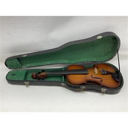 Chinese Parrot violin with 35.5cm two-piece back; L59.5cm in carrying case; and early 20th century German violin for restoration; bears label 'Antonius Stradivarius Faciebat Anno 1730'; cased with bow (2)