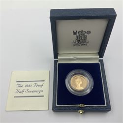 Queen Elizabeth II 1983 gold proof half sovereign coin, cased with certificate