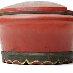 Early 20th century Chinese red lacquered marriage basket, the exterior with character and fruit motifs, H43cm; together with a red painted dowry basket, on shaped circular foot, H19cm x D35cm (2)