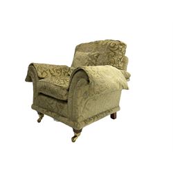 David Gundry - traditional shaped two seat sofa (W180cm), and matching armchair (W100cm), upholstered in pale green fabric with raised scrolling foliate pattern