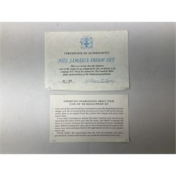 Jamaica 1975 eight coin proof set produced by the Franklin Mint and a Jamaica 1978 sterling silver proof twenty-five dollar coin, both cased with certificates
