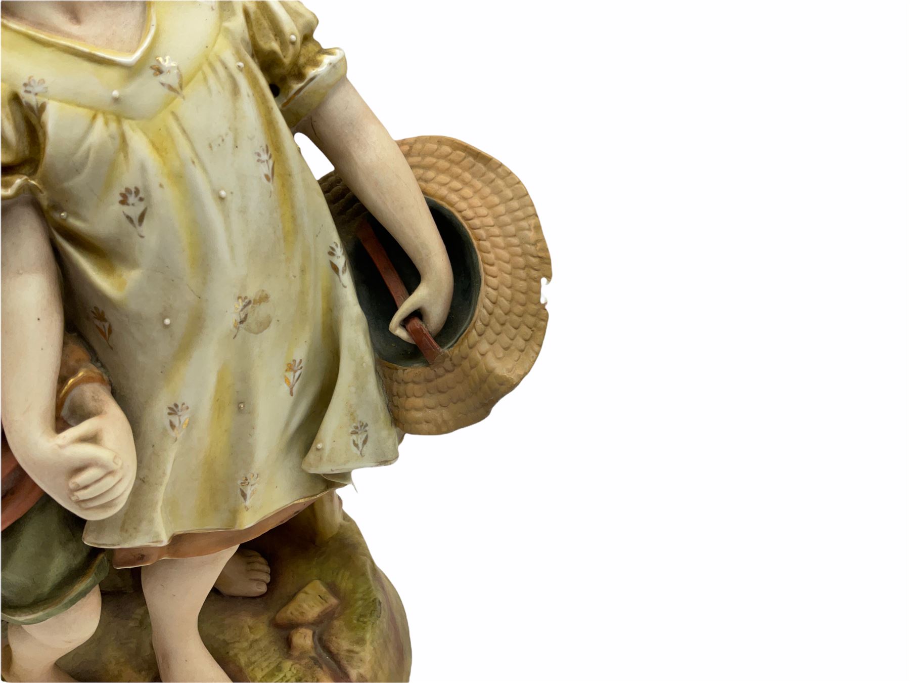 Large Victorian bisque figure group, modelled as three children at a beach with fishing net and seaweed, inspired by the Victorian painting 'The Sea Horses', H33cm L36cm 
