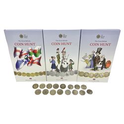The Royal Mint United Kingdom mostly commemorative two pound, old round one pound and fifty pence coins, overall face value approximately 110 GBP, housed in three 'Coin Hunt' folders and loose