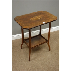  Edwardian inlaid mahogany square occasional table, W40cm, H71cm, a similar rectangular rosewood table, top inlaid with an oval panel, W59cm, H69cm, (2)   