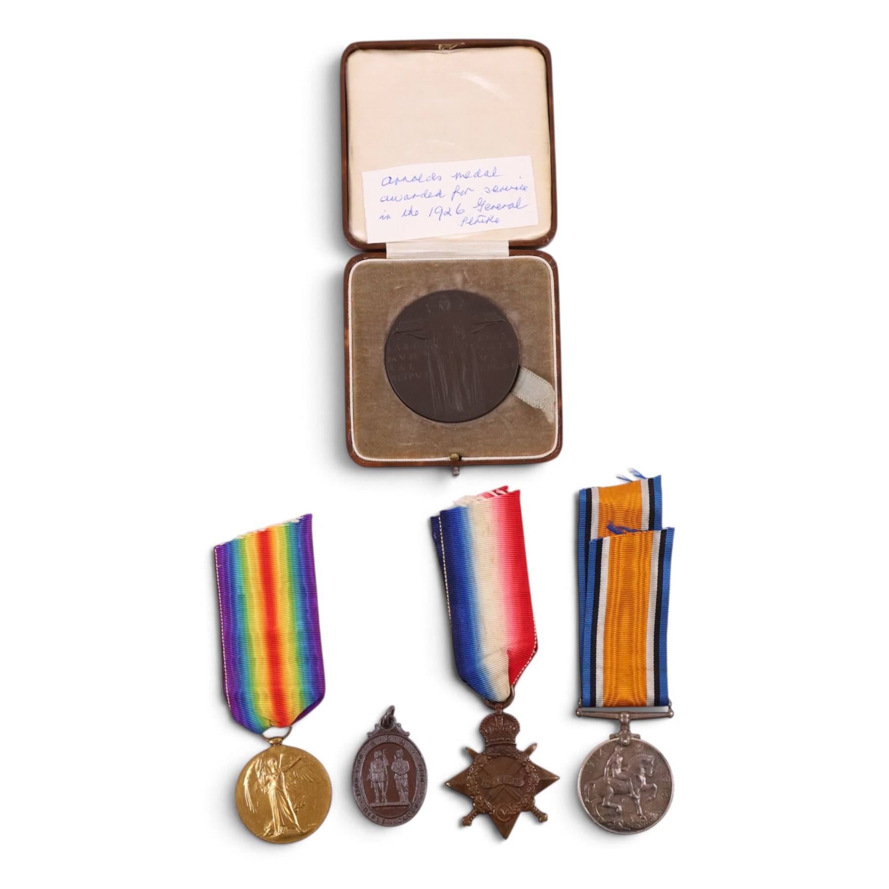 WWI medal trio comprising Victory Medal, War Medal and Star 1914-15 awarded to J.33109 A.A.H Spear B. Tel. R.N, together with cased bronze 1926 General Strike Service in National Emergency medal and rifle club medal 