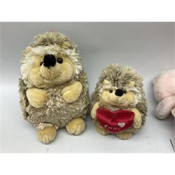 Ten soft tots including Chad Valley Lenny the Lion; Snoopy type dog; Fluffy Hedgehogs; pink Care Bear; souvenir bears for Niagara Falls, Benjamin Franklin and Andre Rieu; Rocky Mountaineer Traindriver; knitted Mrs. Tiggy-Winkle etc; all unboxed (10)