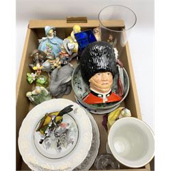 Group of assorted ceramics and glass, to include two Royal Doulton figures, Loretta HN2337, and Fair Maiden HN2211, a Royal Doulton character jug, The Guardsman D6755, various Goebel figures, etc., in one box 