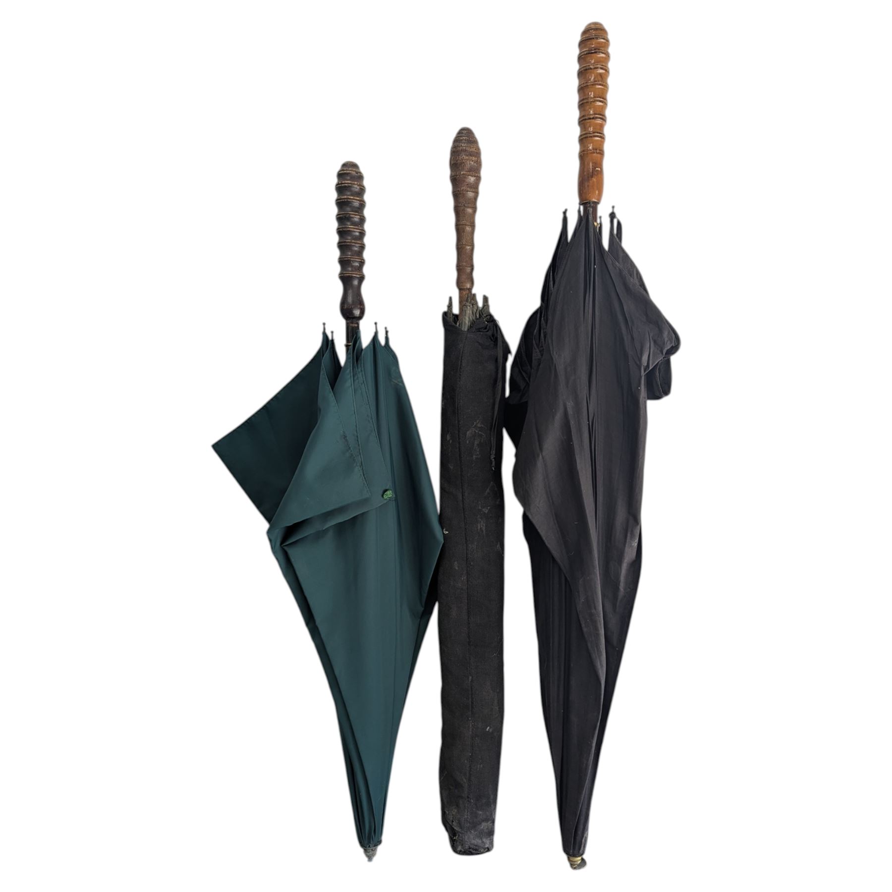Three  Edwardian coachman's umbrellas with turned wooden handles, tallest H128cm