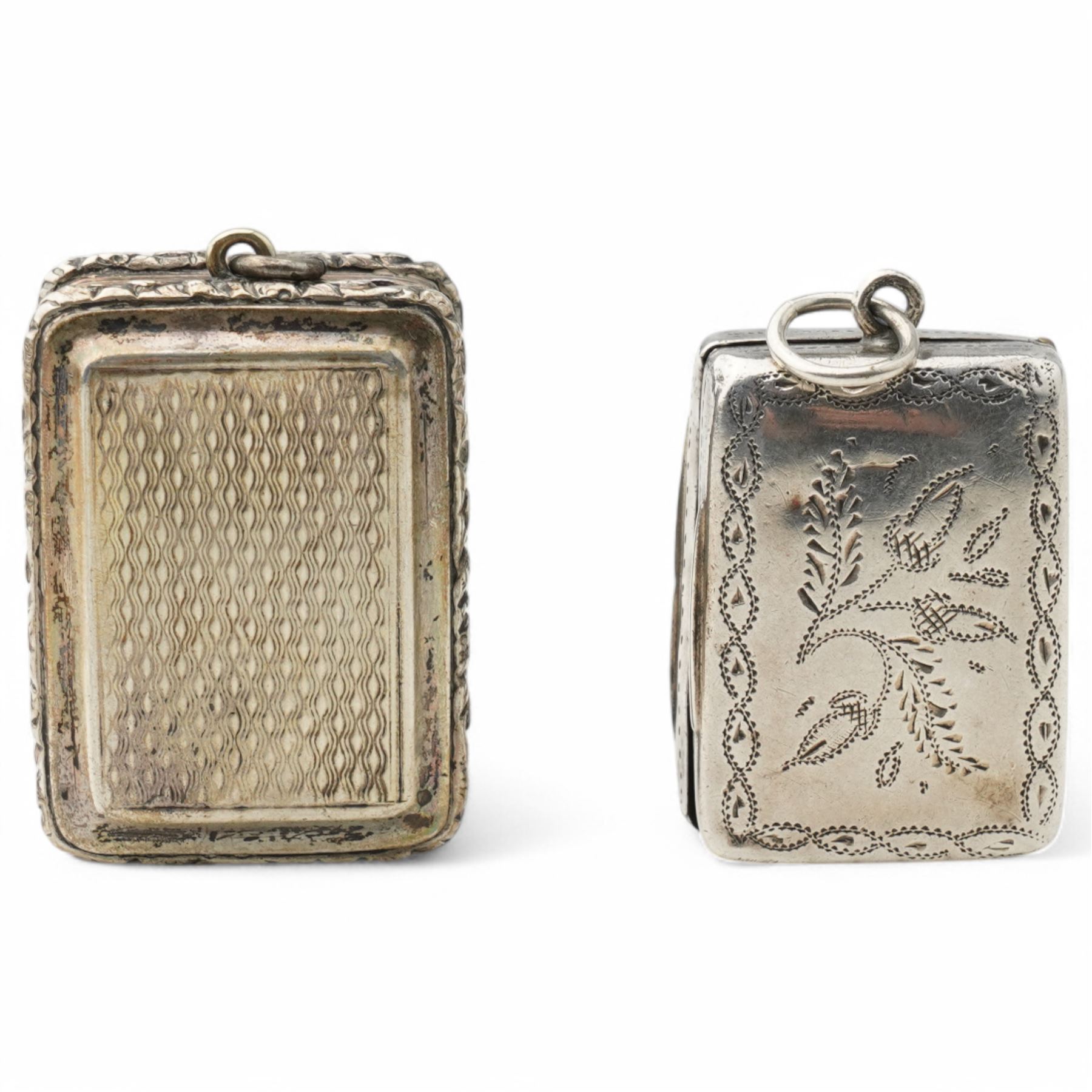 George IV silver vinaigrette with pierced and gilded grille Birmingham 1821 Maker John Shaw and a Victorian vinaigrette with engraved decoration Birmingham 1836 (2)