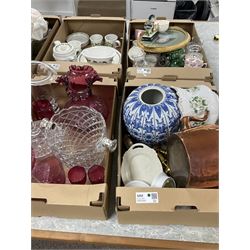 Large collection of items, comprising Portmeirion 'Summer Strawberries' and 'The Botanic Garden', Cranberry glass vase and drinkware, copper tea kettle, and others, in six boxes