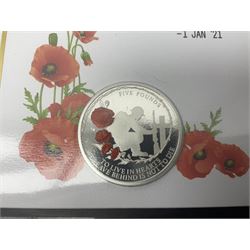 Three Queen Elizabeth II silver proof coin covers, comprising 2020 'Centenary of the Unknown Warrior' with Tristan Da Cunha one pound, two pounds and five pounds, 2021 'Remembrance Day' with Alderney five pounds and 2022 'Remembrance Day' with Alderney five pounds, all in Harrington and Byrne folders