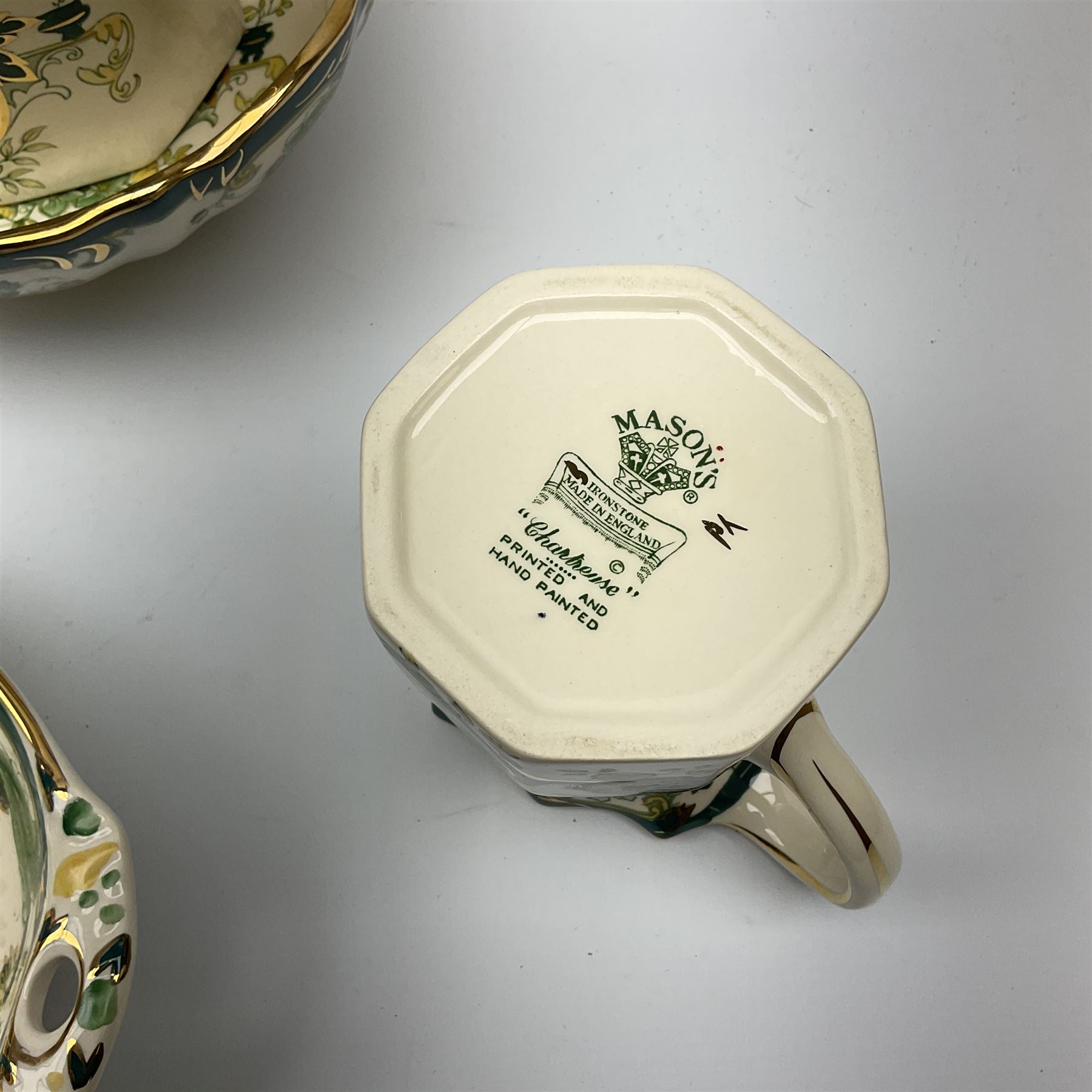 Collection of Various Masons Chartreuse and Mandalay Ironstone China, comprising a graduated set of three jugs, ladle, tureen, four serving dishes and two serving bowls 
