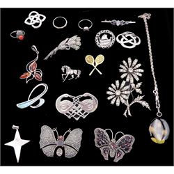 Collection of silver and stone set silver jewellery including two marcasite and paste butterfly brooches, bird brooch by Rhiannon S Evans, badminton racket brooch and eight other brooches, three rings, amber pendant, mother of pearl pendant and dried flower pendant necklace