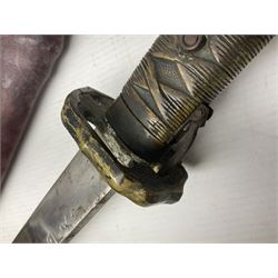 Copy of a WWII Japanese NCO sword, the 65cm slightly curving blade stamped with pseudo Japanese characters and cast brass simulated cord bound grip; in officer's leather bound field scabbard L97cm overall