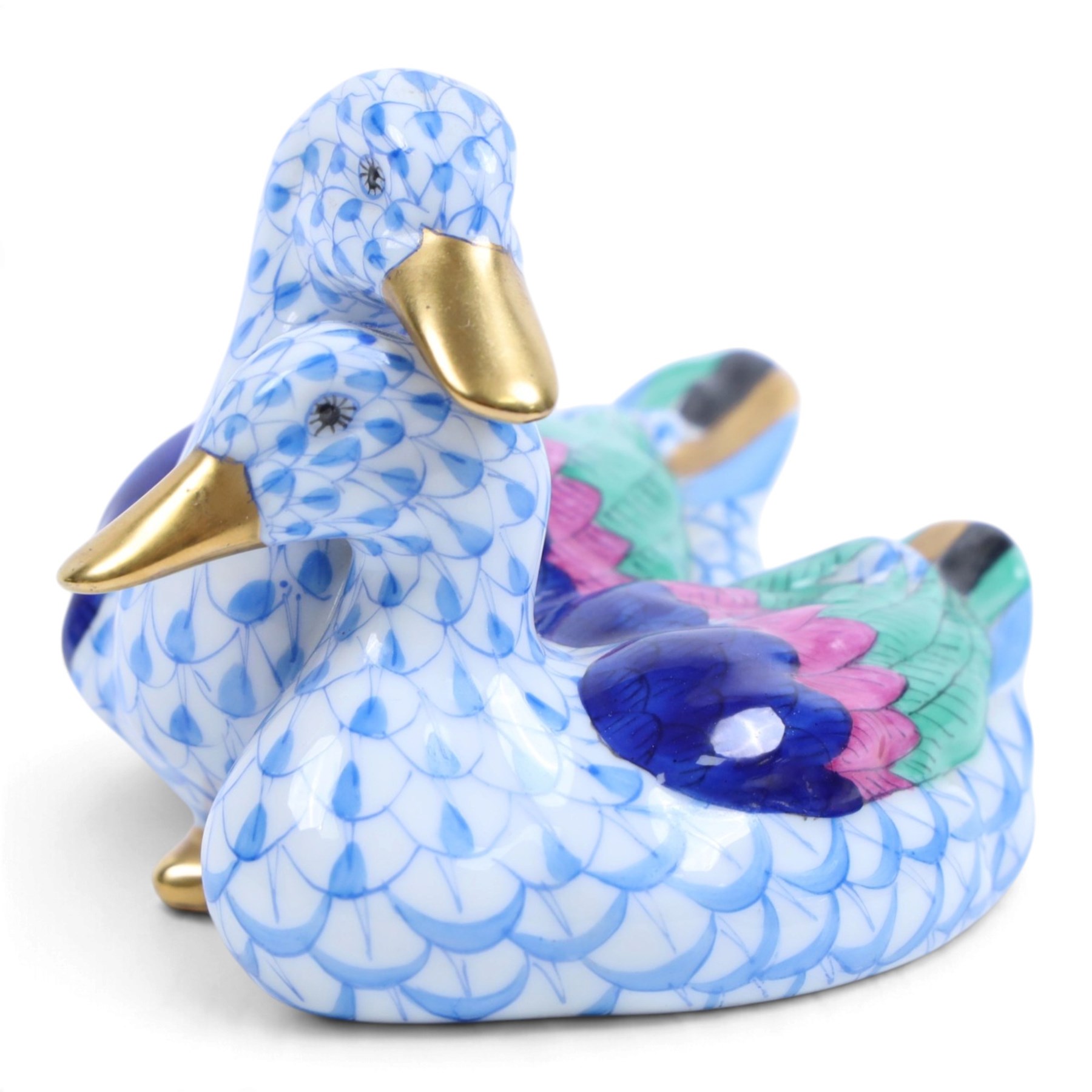 Herend, Hungary - Pair of ducks in blue fishnet decoration, together with goose in the same design and Herend trinket dish decorated with birds and insects, goose H11cm 