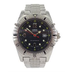 Oris automatic stainless steel divers wristwatch, No. 7457, black enamel dial with date aperture, on original stainless steel bracelet