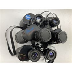 Eleven cased pairs of binoculars, to include Omiya 8x30, Tasco, Esde-Optik 8x40 Weitwinkel, Chinon 10x50 Field. Aico Rapide 8x30, Astralite zoom 6x- 14x32, etc