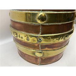 19th century brass and copper bucket, with rivets and swing handle, not including handle H33.5cm D35.5cm, together with a later copper and brass bound bucket with cover, H34cm, (2)