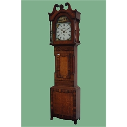  Early 19th century oak and mahogany longcase clock, eight day movement striking on bell with enamel painted dial decorated with country scenes, H226cm  