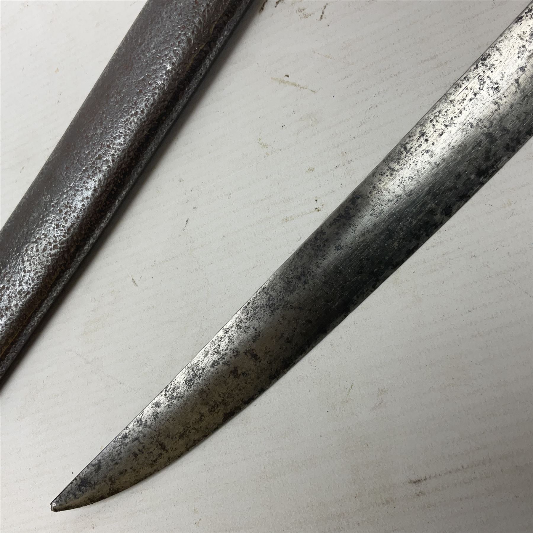 19th century French 1822 Pattern Light Cavalry trooper's sword with 88.5cm slightly curving fullered blade, brass three-bar hilt and wire-bound leather grip; in polished steel scabbard with two suspension rings L110.5cm overall