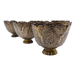 Set of six Ottoman Turkish silver zarfs or coffee cup holders, probably 19th century, the bowls with shaped rims and embossed and pierced decoration, upon stepped circular feet, D6cm H5cm