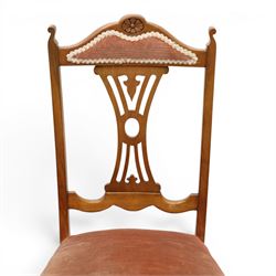 Acornman -Set of four early 19th century mahogany dining chairs and two matching chairs by Alan 'Acornman' Grainger, shaped cresting rail with upholstered top above a pierced splat back, overstuffed pink velvet seat, raised on cabriole supports, two with signature carved acorn, by the workshop of Alan Grainger of Brandsby