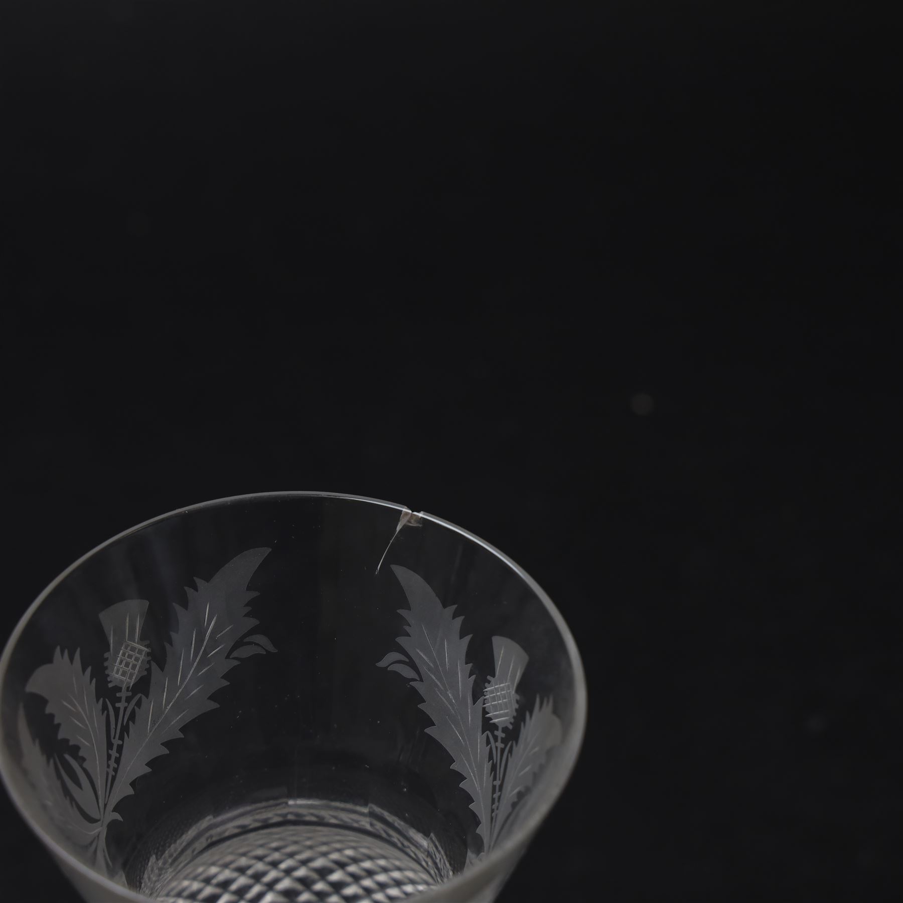 Ten Edinburgh Crystal Thistle pattern glass, comprising one red wine glass, two white wine glass, champagne flute, two port, three sherry and one tumbler