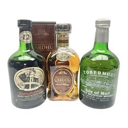 Tobermory Isle of Mull, malt Scotch whisky, Bunnahabhain 12 year old, single malt Scotch whisky and Cardhu 12 year old Scotch whisky, various contents and proof