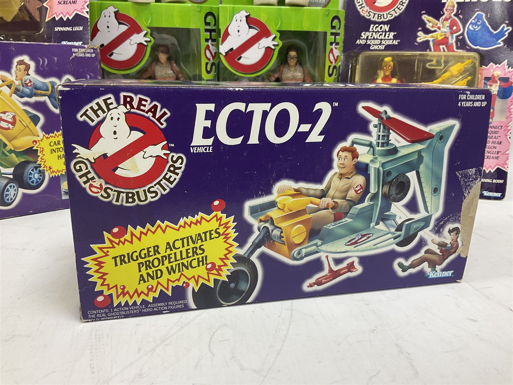 Ghostbusters - 'ECTO 1' car with two figures; ECTO-2 Vehicle, Highway Hunter Action Ghost Vehicle and Haunted Vehicles Air Sickness; all boxed; racing car with Egon Spengler driver; two 1984 Marshmallow Man figures; and four unopened carded/boxed figures etc