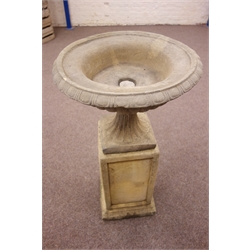  Classical style composite stone centrepiece urn, comprising an urn, base and square column, D60cm, H104cm  