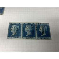 Queen Victoria used two penny blue stamps including 1841 imperf strip of three and various perf examples