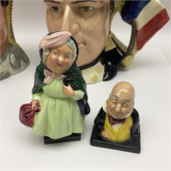 Royal Doulton two character jugs from the Star Crossed Lovers Collection, Antony & Cleopatra D6728 and Napoleon & Josephine D6750, together with two Royal Doulton Figures Micawber and Sairey Gamp
