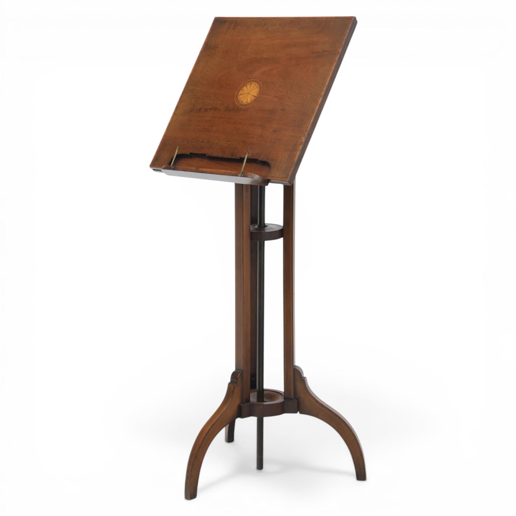Edwardian inlaid adjustable music stand, with central shelf motif, folding sheet music holder, raised on an adjustable column above three splayed supports 