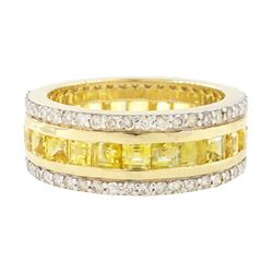 Gold yellow sapphire and diamond three row full eternity ring, channel set calibre cut sap...