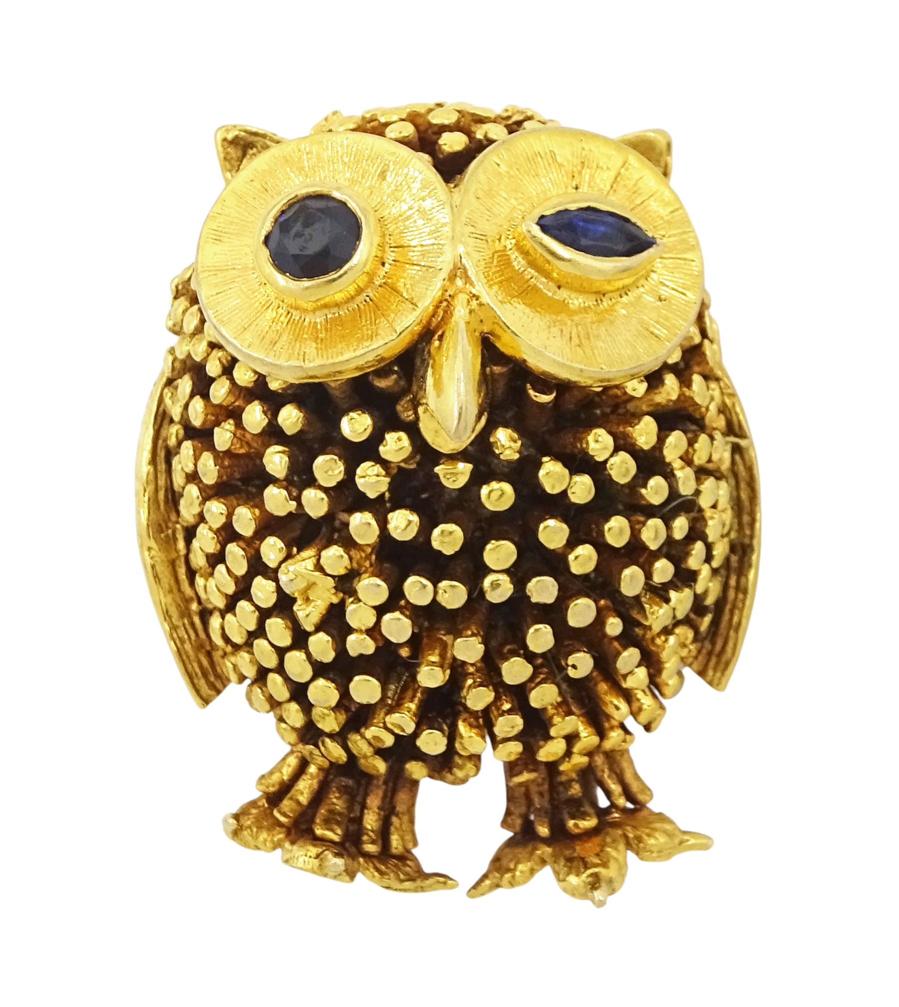 9ct gold owl brooch, with round cut and marquise cut sapphire set eyes, London 1967