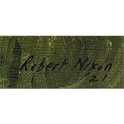 Robert Nixon (British 1955-): Southern Railway local train passing a Bedford OB Coach in the 1940's, oil on canvas board signed and dated '21, 45cm x61cm