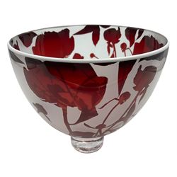 Gillies Jones of Rosedale glass bowl decorated with red flowers with white rim,  upon a short clear tapering foot, signed to base, H13cm D14cm