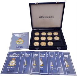 Eleven Westminster Mint 24ct gold-plated coins, from the Squadrons of The Royal Air Force Coin Collection, in fitted case with certificates